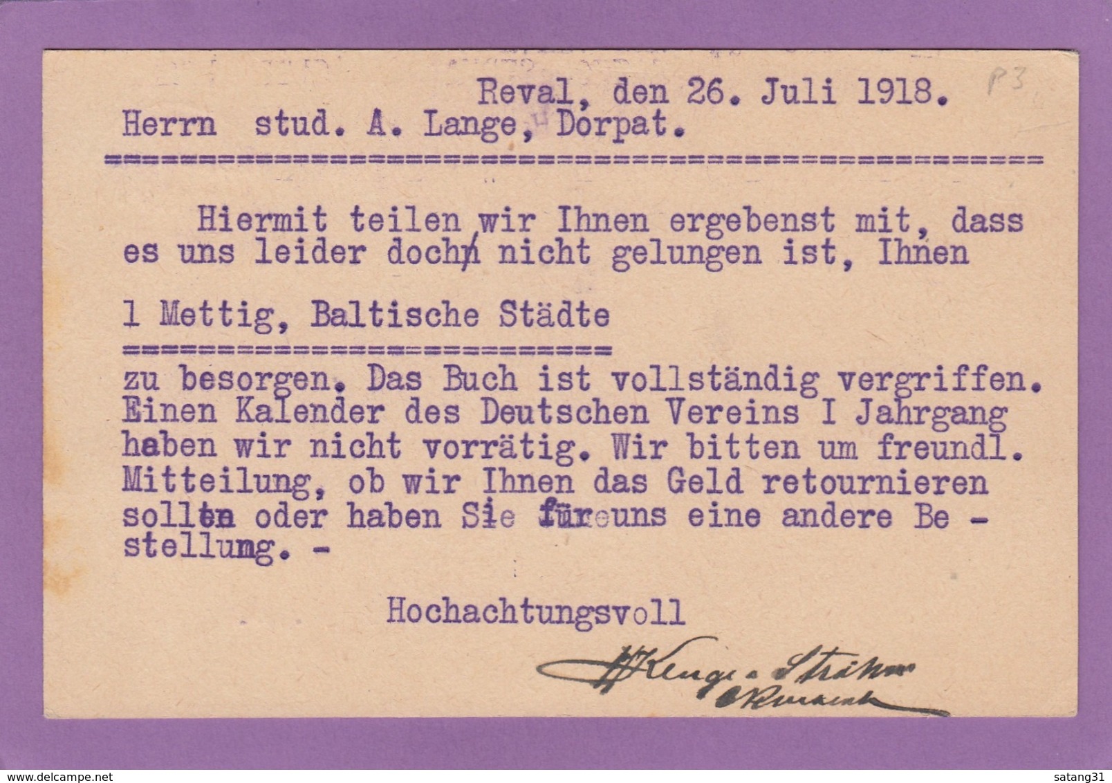 BUCHHANDLUNG,REVAL (TALLINN,ESTLAND). - Besetzungen 1914-18