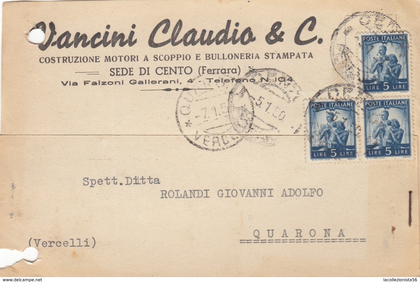 9593-VANCINI CLAUDIO E C.-MOTORI A SCOPPIO-BULLONERIA-CENTO(FERRARA)-1950-FG - Pubblicitari