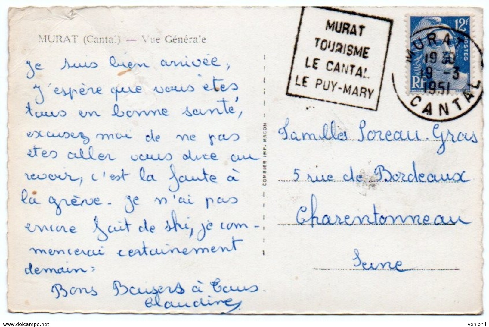 CARTE POSTALE MURAT - OBLITERATION MURAT TOURISME - LE CANTAL -LE PUY - MARY 1951 - 1921-1960: Modern Period