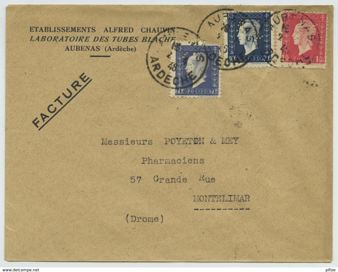 Type Dulac Trois Couleurs Perforés AC / Enveloppe Laboratoires Alfred Chauvin 1948 Aubenas . Pharmacie . - Other & Unclassified