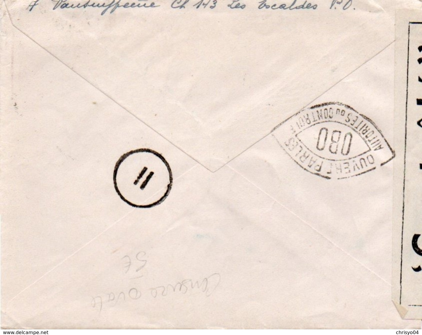 910Or  Courrier Lettre N°1 Cachet Censure Ovale Ouvert Par Les Autorités De Controle Escaldes (P.O.) 1942 - Briefe U. Dokumente