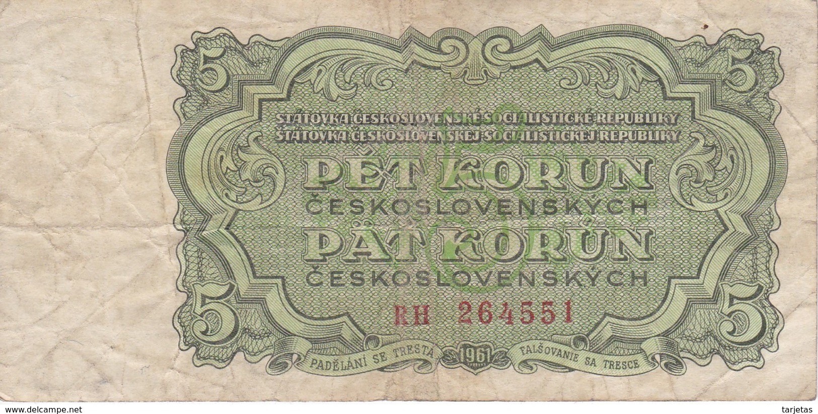 BILLETE DE CHECOSLOVAQUIA DE 5 KORUN DEL AÑO 1961 (BANKNOTE) - Checoslovaquia