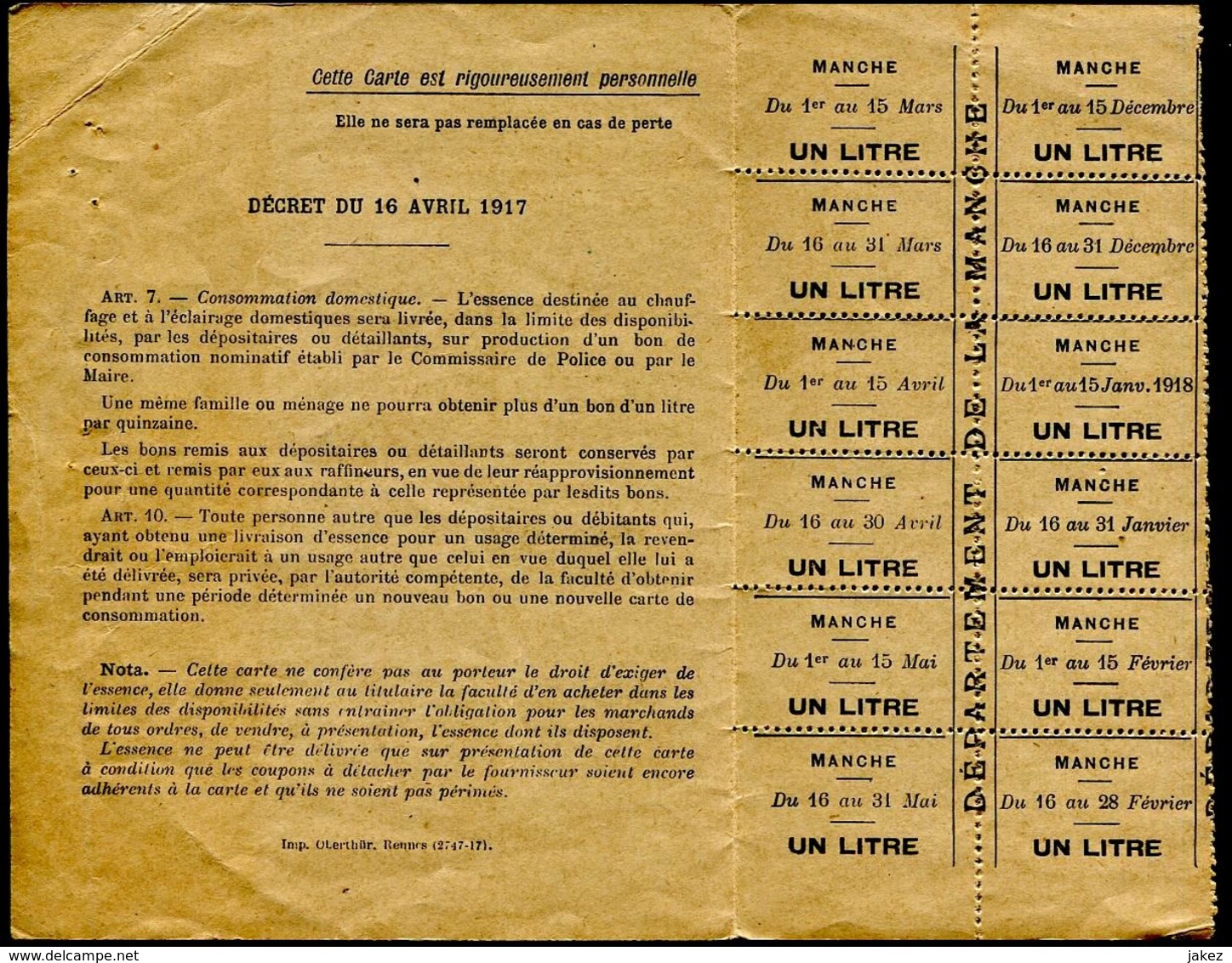 CARTE DES BONS D'ESSENCE Département De La Manche 1917/18 - Unclassified