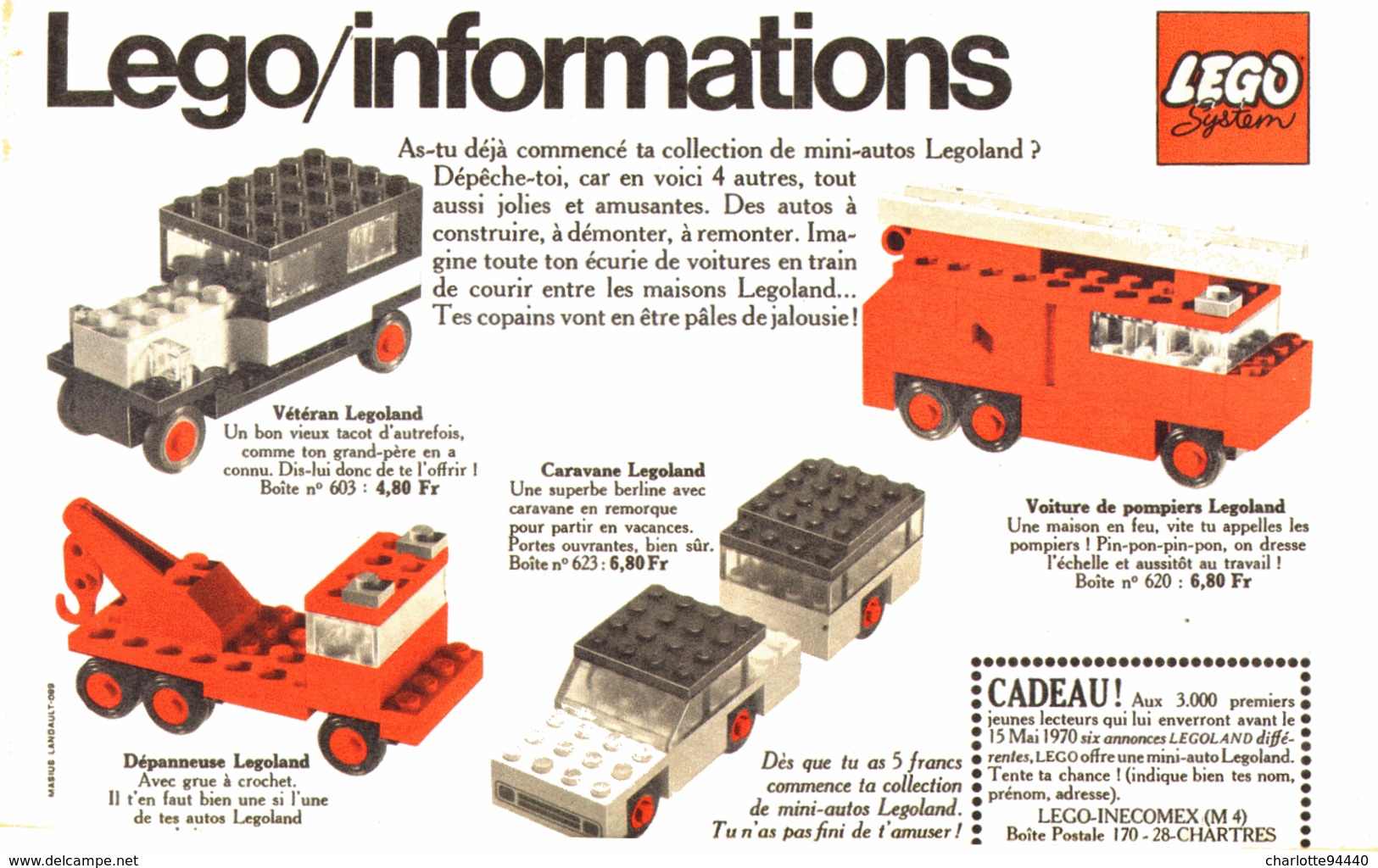 PUB  " CARAVANE / DEPANNEUSE / POMPIER /AMBULANCE / CHARIOT " " LEGO INFORMATION"   1970 - Non Classificati