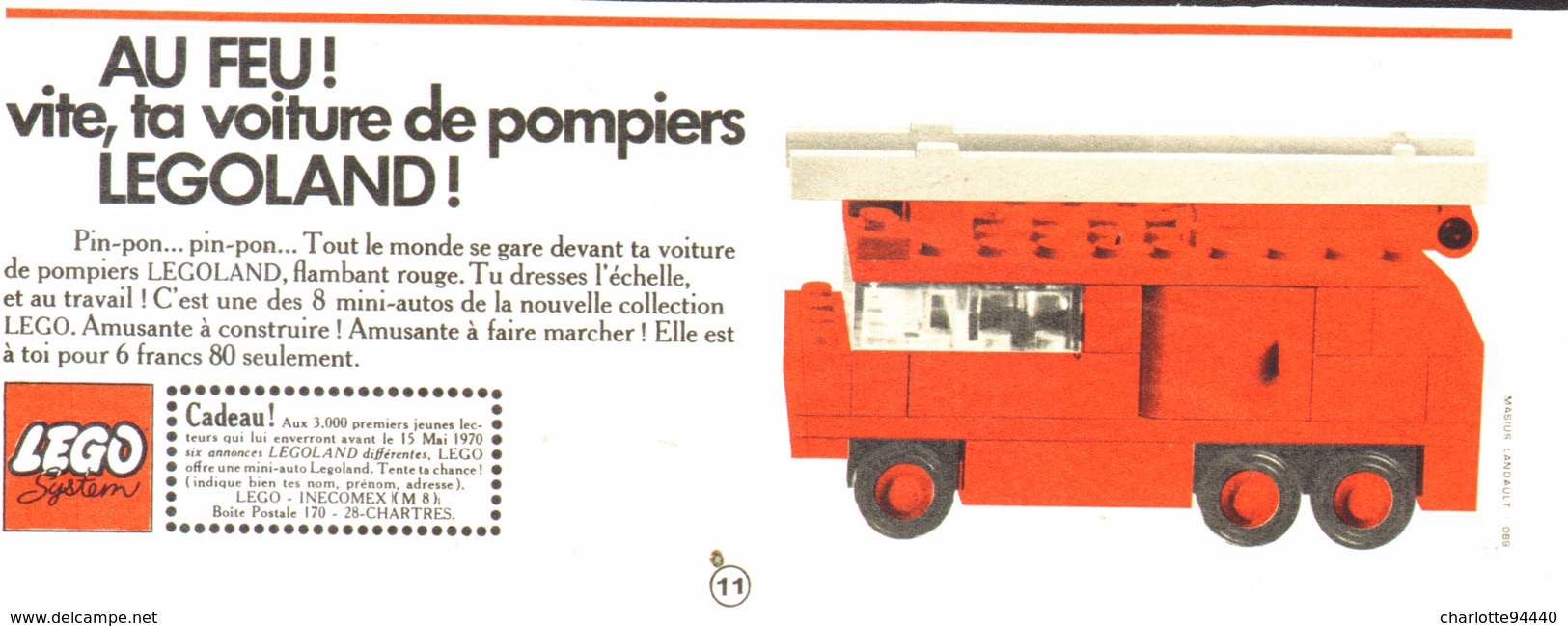 PUB  " CAMION DE POMPIER  " " LEGO "   1970 - Sin Clasificación