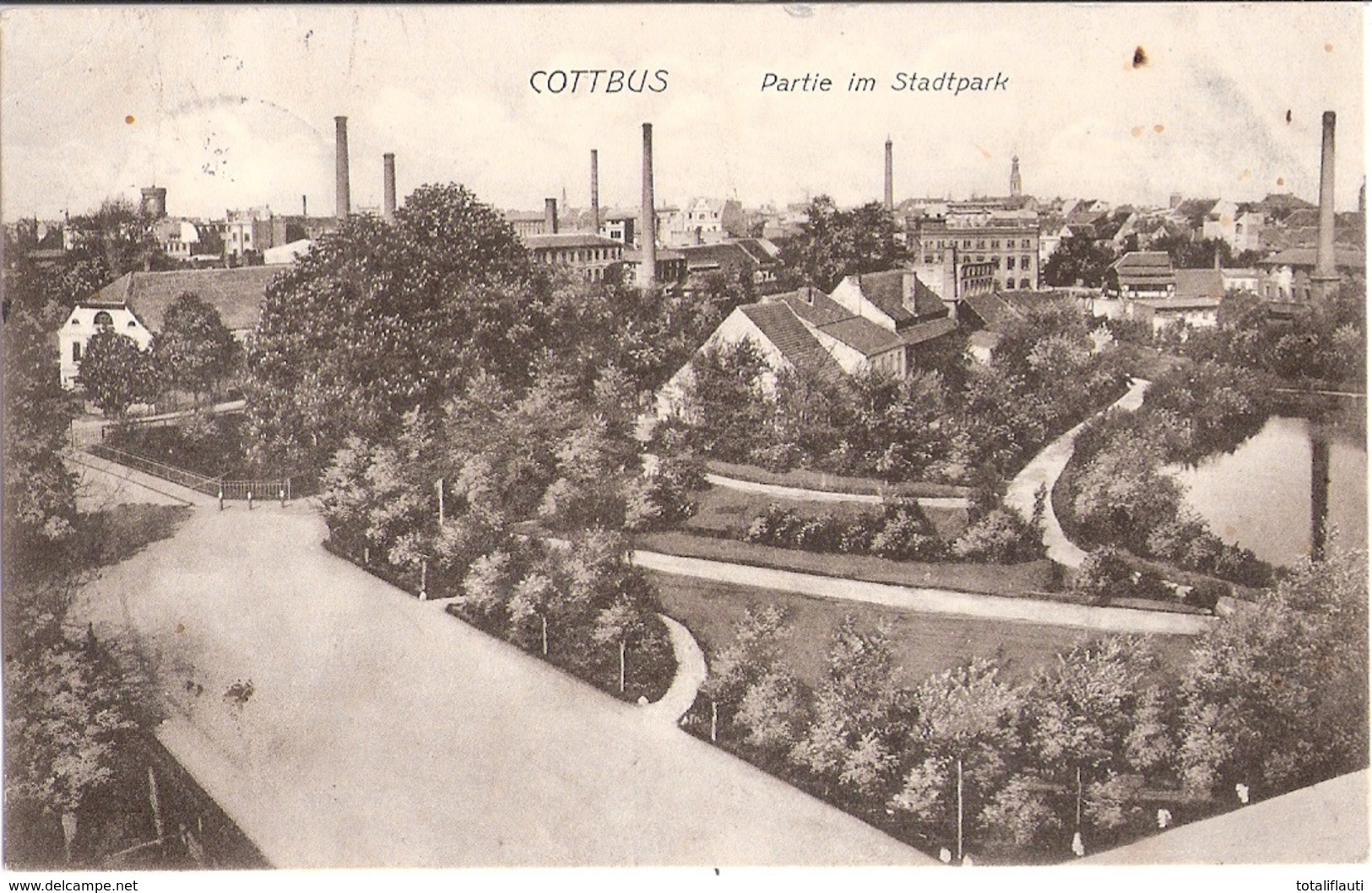 COTTBUS Partie Im Stadtpark Mit Blick Auf Fabrik Schornsteine 9.5.1914 Gelaufen - Cottbus