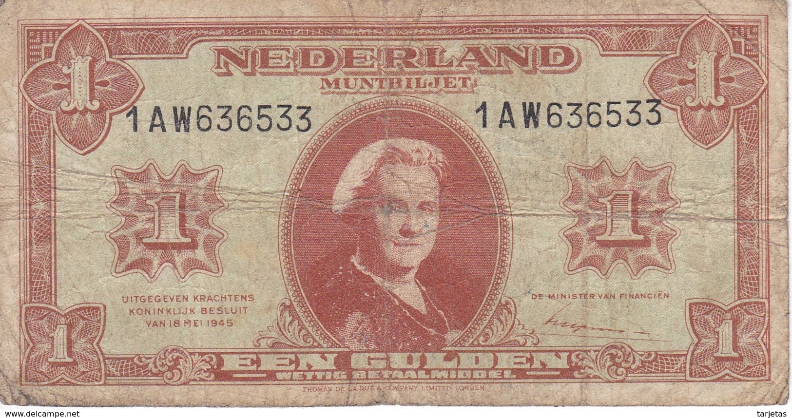 BILLETE DE HOLANDA DE 1 GULDEN DEL AÑO 1945  (BANKNOTE) WILHELMINA - 1 Gulden