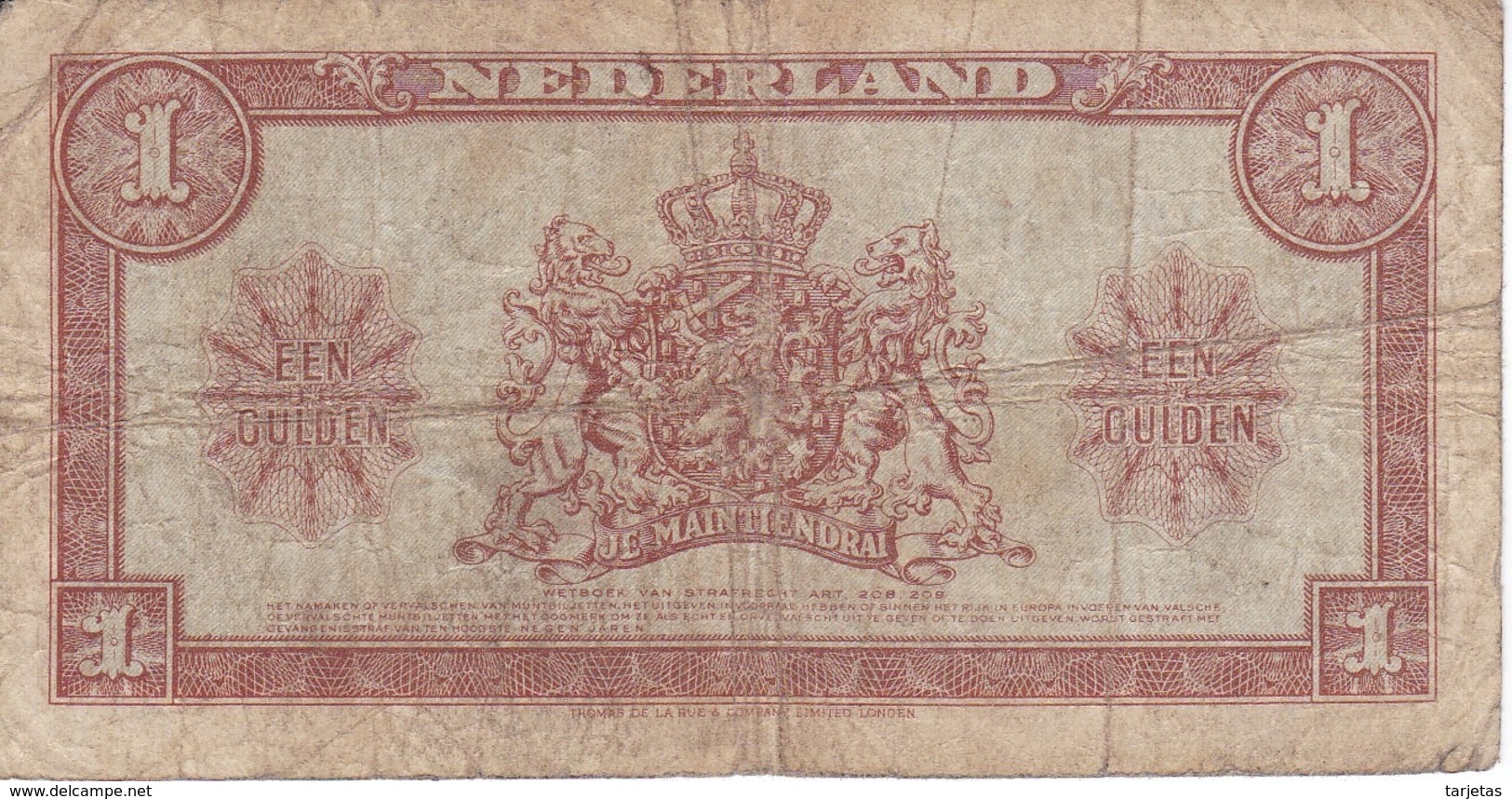 BILLETE DE HOLANDA DE 1 GULDEN DEL AÑO 1945  (BANKNOTE) WILHELMINA - 1 Gulde