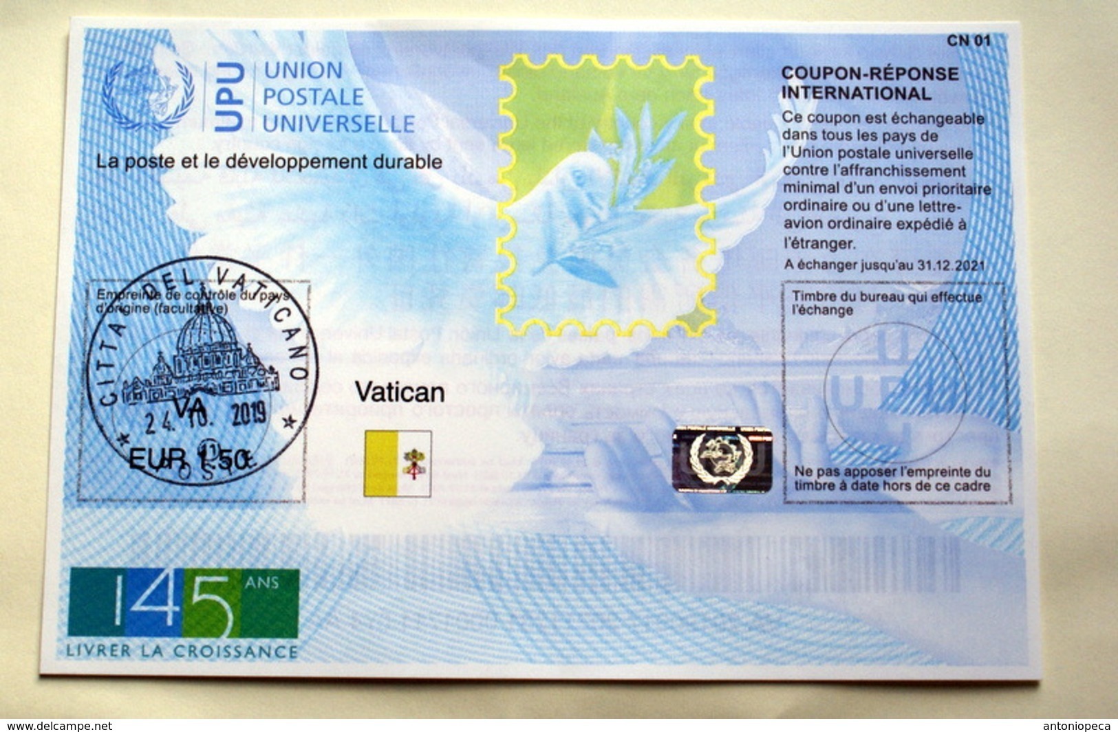 VATICAN 2019, THE NEW COUPON REPONSE INTERNATIONAL 145 YEARS UPU - Unused Stamps