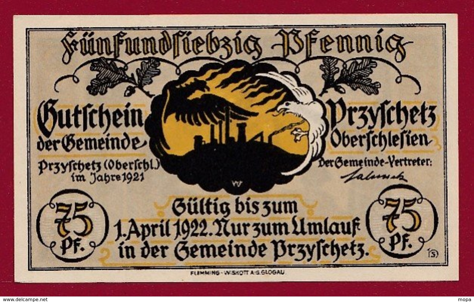 Allemagne 1 Notgeld  De 75  Pfenning Stadt Przyschetz   (  RARE ) Dans L 'état N° 4977 - Collections