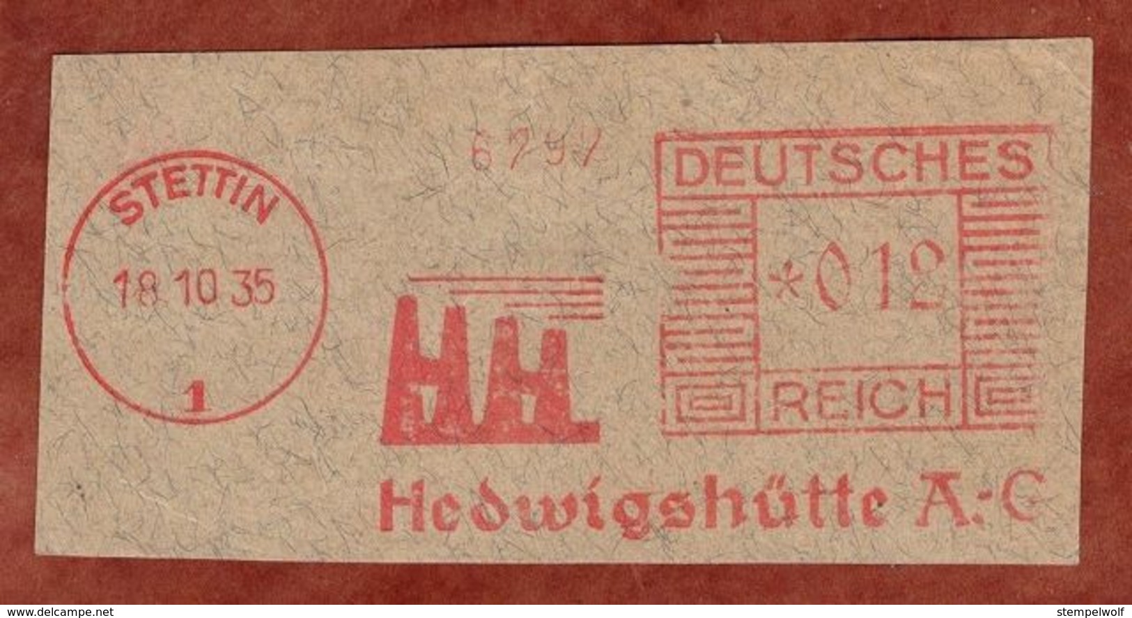 Ausschnitt, Absenderfreistempel, Hedwigshuette, 12 Rpfg, Stettin 1935 (81206) - Machines à Affranchir (EMA)