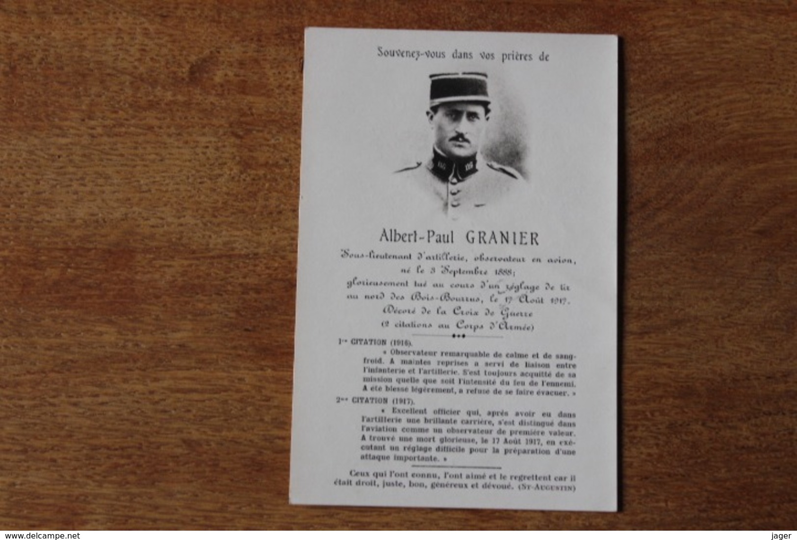 1914 1918  Carte Mortuaire  Albert Paul GRANIER Observateur D'aviation   Mort Aux Bois Bourrus 1917 - 1914-18