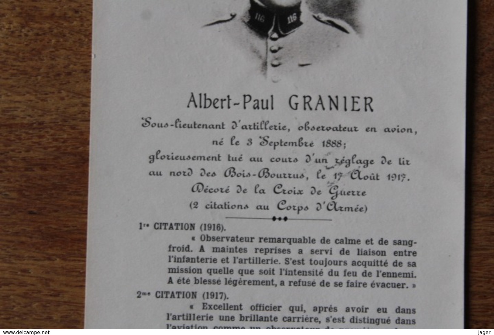 1914 1918  Carte Mortuaire  Albert Paul GRANIER Observateur D'aviation   Mort Aux Bois Bourrus 1917 - 1914-18