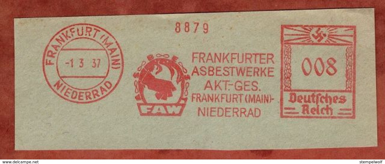 Ausschnitt, Absenderfreistempel, Frankfurter Asbestwerke, 8 Rpfg, Frankfurt 1937 (81213) - Maschinenstempel (EMA)