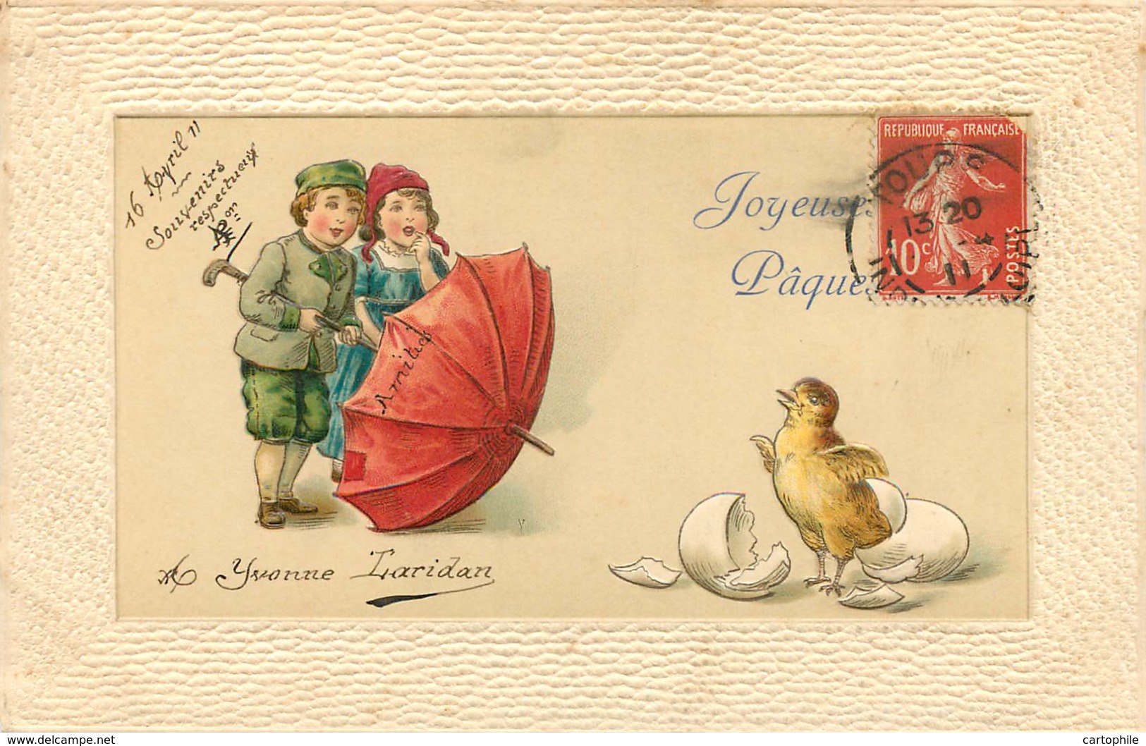 Belle Carte Gaufrée - Paques - Poussin Enfants Et Parapluie 1911 - Erika 4651 - Pâques