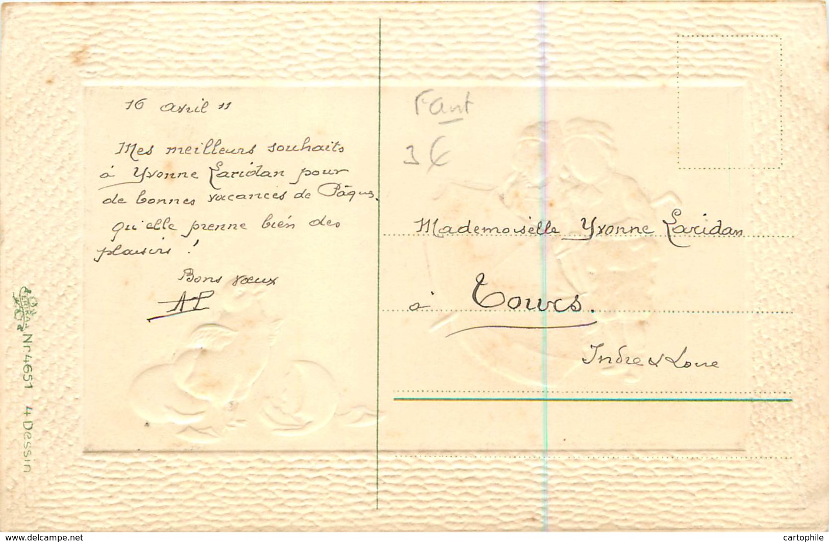Belle Carte Gaufrée - Paques - Poussin Enfants Et Parapluie 1911 - Erika 4651 - Pâques
