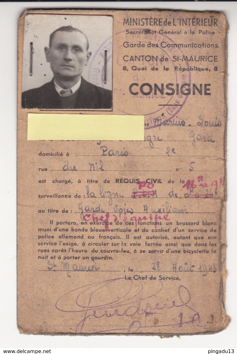 France Pétain Saint Maurice Val Marne Zone Occupée Carte D'identité Ministère Intérieur Garde Voie Chemin De Fer - 1939-45