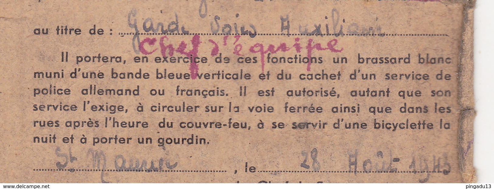 France Pétain Saint Maurice Val Marne Zone Occupée Carte D'identité Ministère Intérieur Garde Voie Chemin De Fer - 1939-45