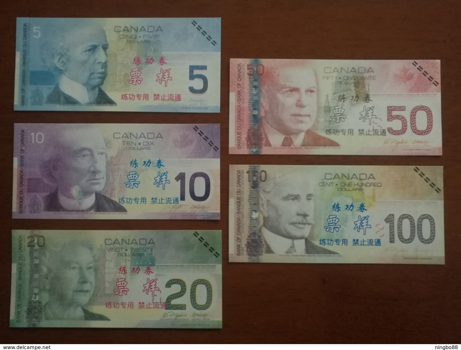 (Replica)Bank Of China Training/test Banknote,Canada Dollars C-1 Series(light Color) 5 Different Note Specimen Overprint - Canada