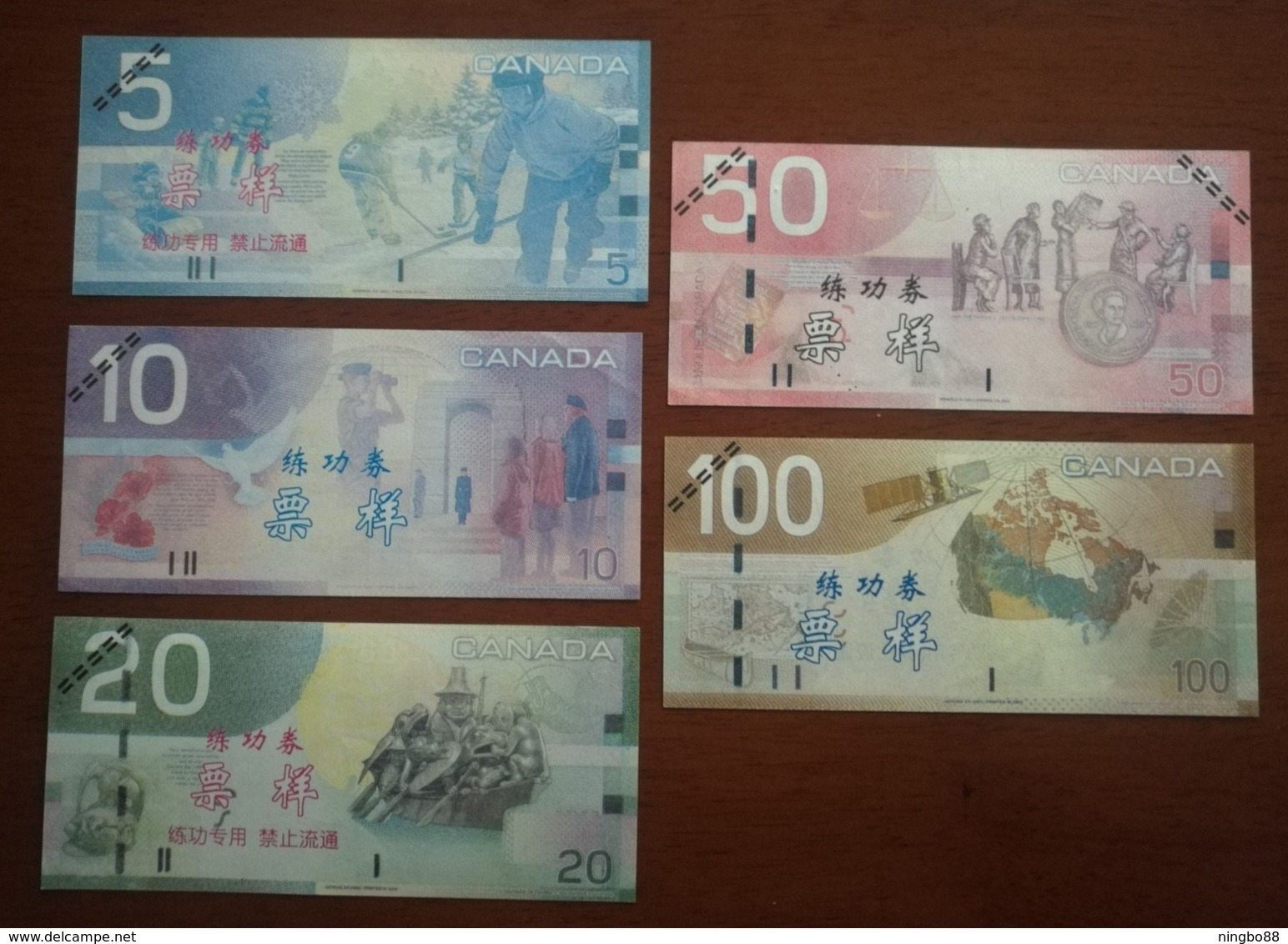 (Replica)Bank Of China Training/test Banknote,Canada Dollars C-1 Series(light Color) 5 Different Note Specimen Overprint - Canada