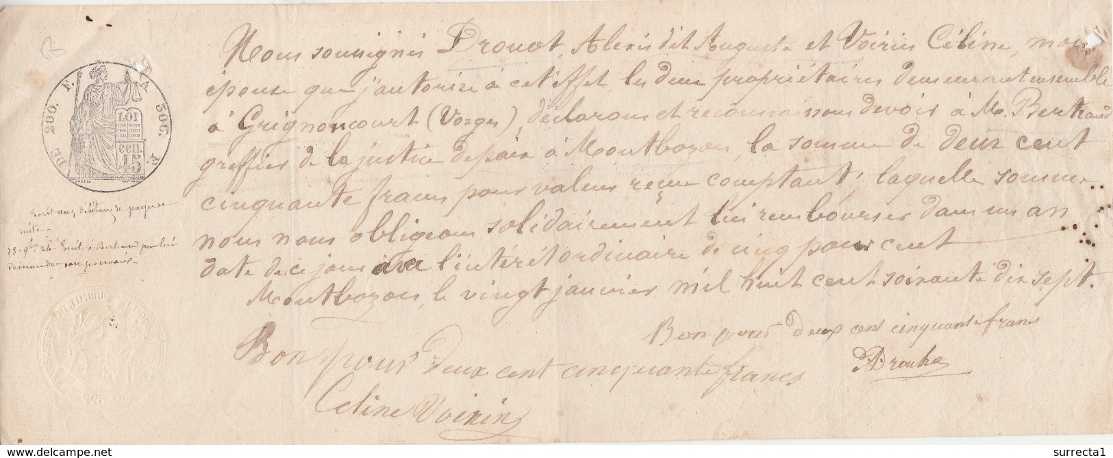 1877 / Traite Reconnaissance De Dette / Drouot Alexis à Grignoncourt 88 / Devant Juge Paix Montbozon 70 - 1800 – 1899