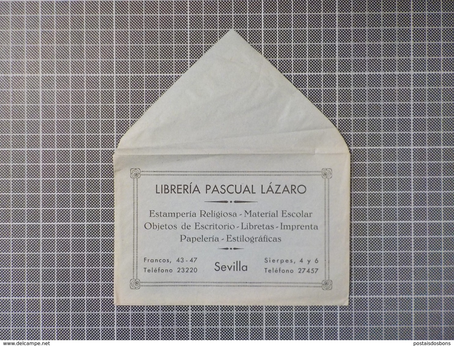 Cx 12) Ephemera LIBRERIA PASCUAL LÁZARO Sevilla España Spain Envelope Impresso Publicidad - Dépliants Touristiques