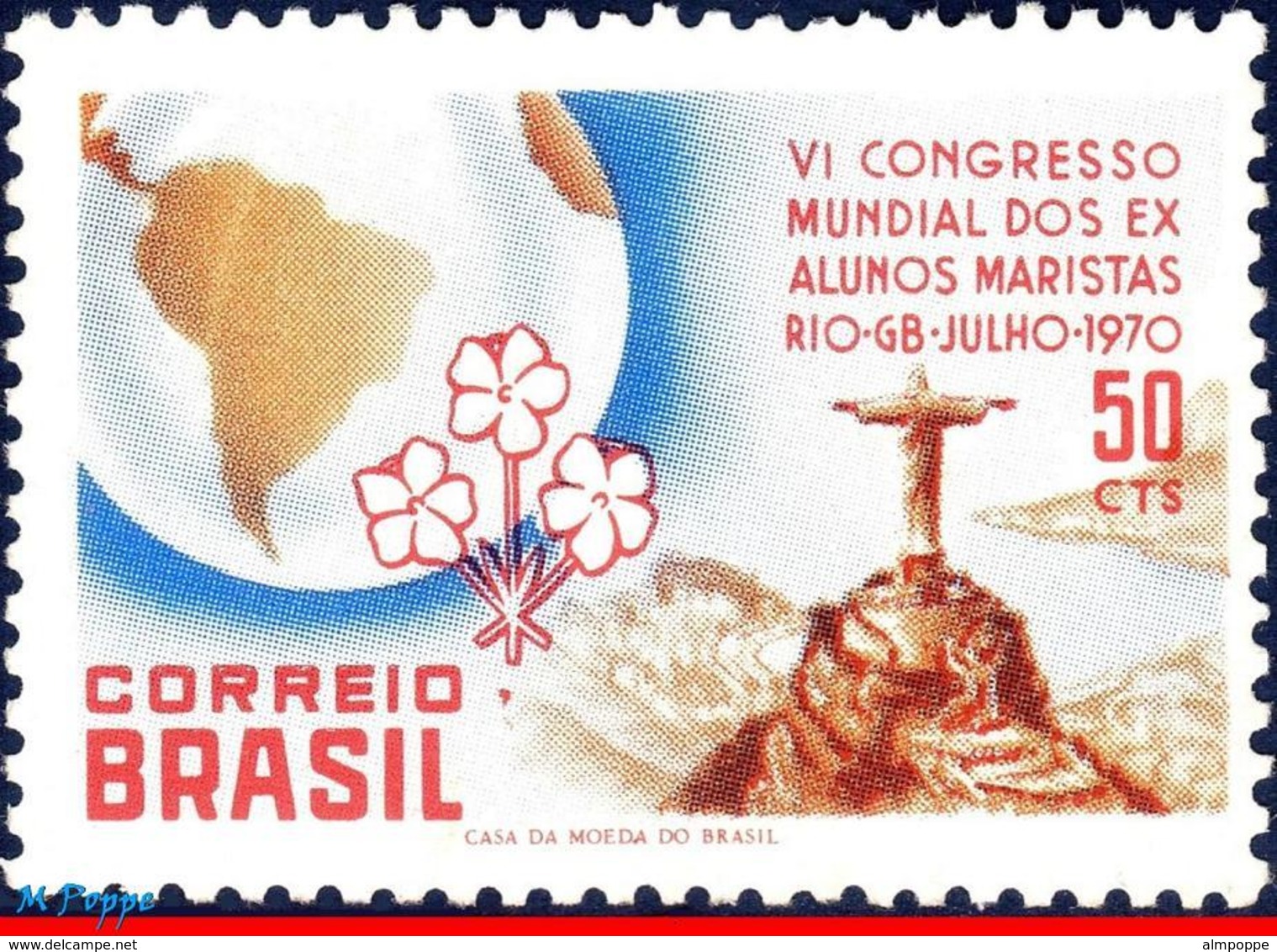 Ref. BR-1170 BRAZIL 1970 RELIGION, 6TH WORLD CONG. OF MARIST, BROTHERS, CORCOVADO, MAPS, MI# 1262,MNH 1V Sc# 1170 - Nuovi