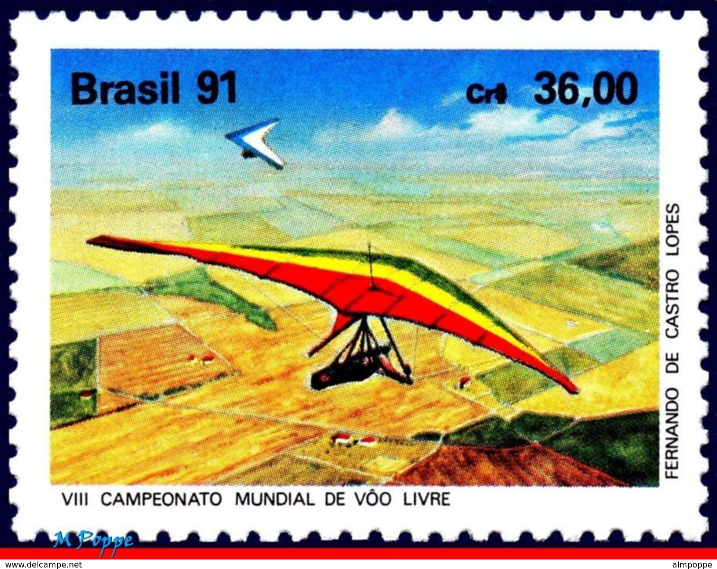 Ref. BR-2305 BRAZIL 1991 SPORTS, HANG GLIDING WORLD, CHAMPIONSHIPS, MI# 2403, MNH 1V Sc# 2305 - Andere (Lucht)