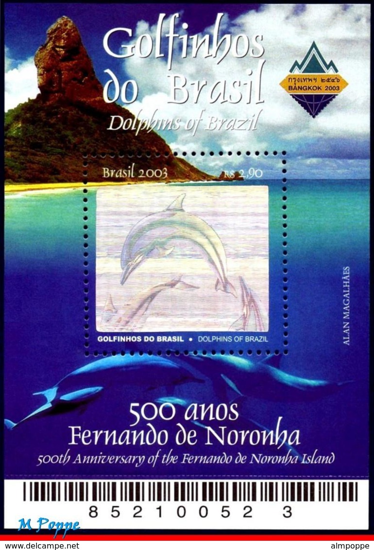 Ref. BR-2889 BRAZIL 2003 ANIMALS, FAUNA, 500 YEARS FERN.DE NORONHA, ,DOLPHINS, HOLOGRAMS, MI# B124, MNH 1V Sc# 2889 - Delfini