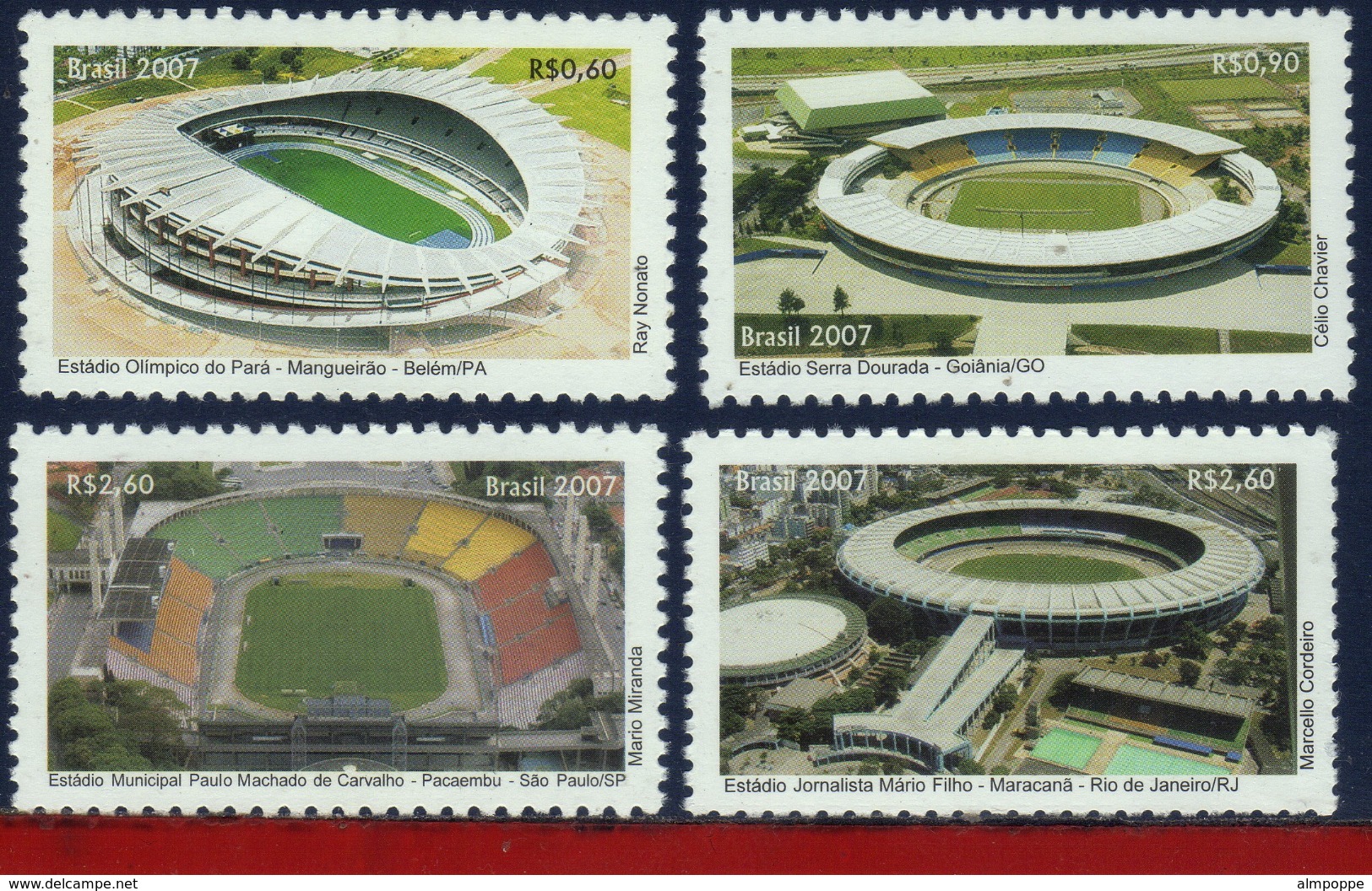 Ref. BR-3012-15 BRAZIL 2007 ARCHITECTURE, FOOTBALL/SOCCER STADIUMS, SPORT - SET MINT MNH 4V Sc# 3012-3015 - Nuovi