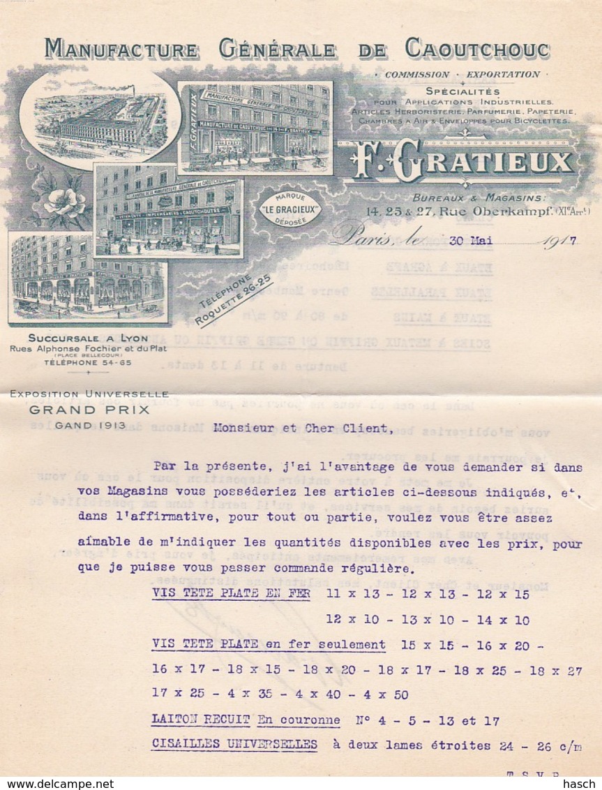 3848	86	F. GRATIEUX, Manufacture De Caoutchouc, Facture + Lettre Commande Mars/mai 1917 - 1900 – 1949