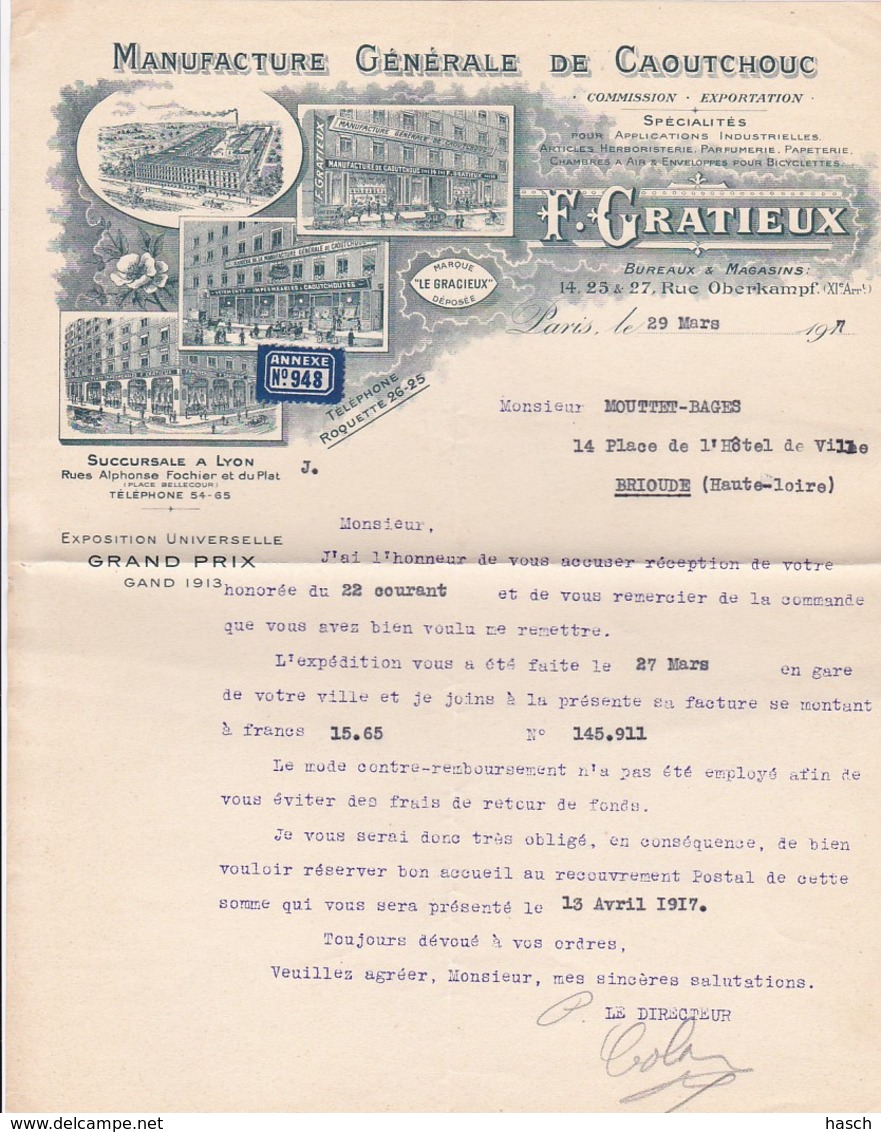 3848	86	F. GRATIEUX, Manufacture De Caoutchouc, Facture + Lettre Commande Mars/mai 1917 - 1900 – 1949