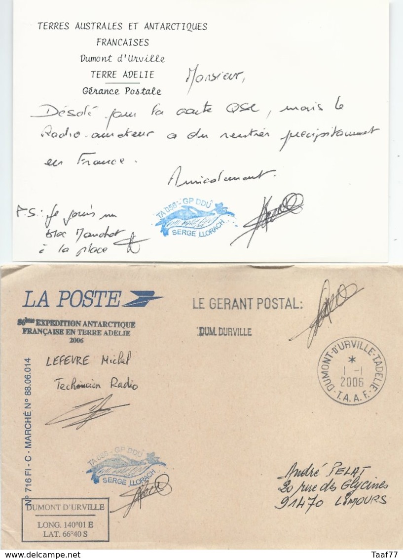 TAAF - Dumont D'Urville-T.Adélie: Enveloppe De Service La Poste - 01/01/2006 (+ Courrier Du Gérant Postal) - Briefe U. Dokumente