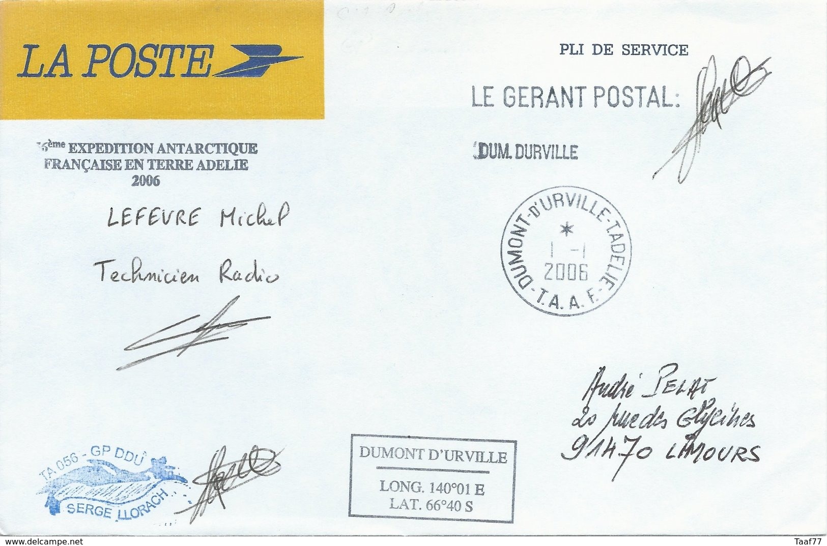 TAAF - Dumont D'Urville-T.Adélie: Enveloppe De Service La Poste - 01/01/2006 - Briefe U. Dokumente