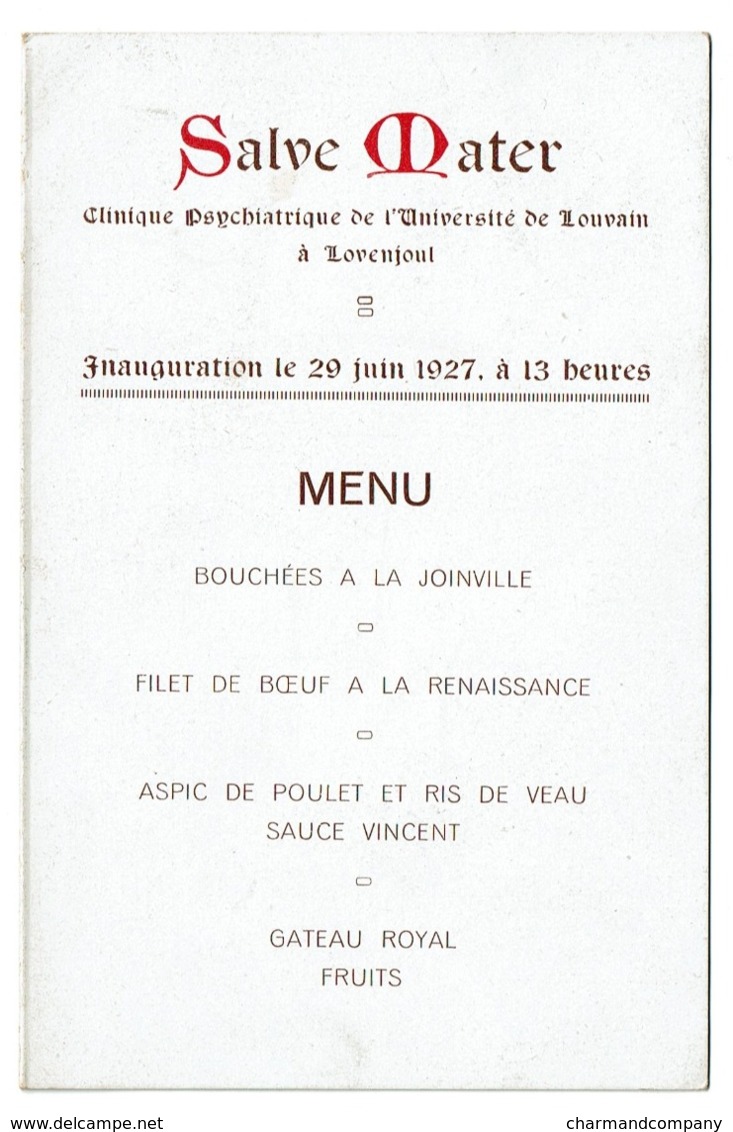 1927 - Inauguration Salve Mater Clinique Psychiatrique Université De Louvain Lovenjoul / Lovenjoel + Menu - 2 Scans - Bierbeek