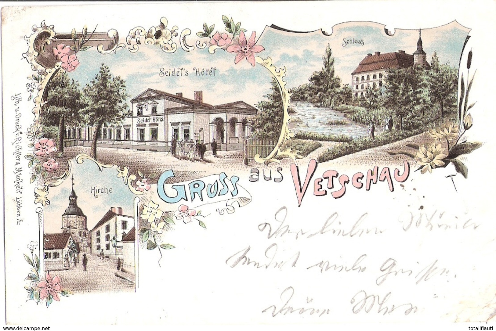Gruss Aus VETSCHAU Spreewald Color Litho Schloß Kirche Gelaufen Mit Bahnpost Stempel ZUG 770 1.8.1901 - Vetschau