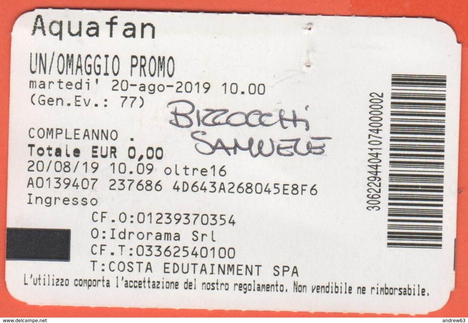 ITALIA - ITALY - ITALIE - AQUAFAN - Riccione - IND. 2019 - Omaggio Compleanno - Canguro - Usato - Biglietti D'ingresso