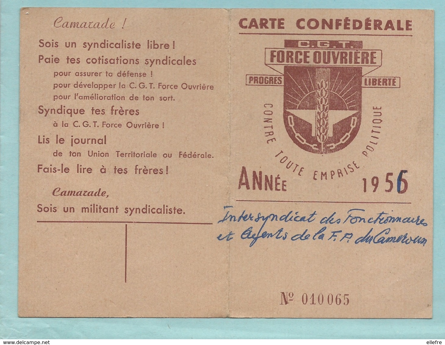 Carte Confédérale CGT 1956 Outre Mer Intersyndicat Des Fonctionnaires Et Agents De La F.P Du Cameroun Daoula Postes Tele - Non Classificati