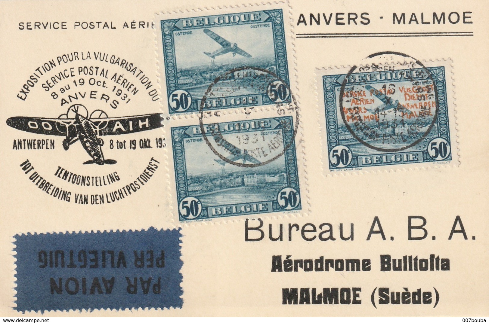 PA1 + PR33 ANVERS MALMÖ (SUEDE) / SERVICE POSTAL AERIEN 8-9/10 1931 - Autres & Non Classés