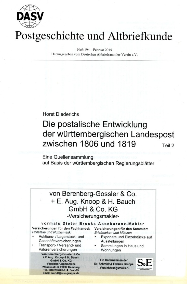 Postalisch Entwicklung Der Landespost In Württemberg - Von Horst Diederichs  (DASV) PgA 194 Aus 2015 - Tariffe Postali