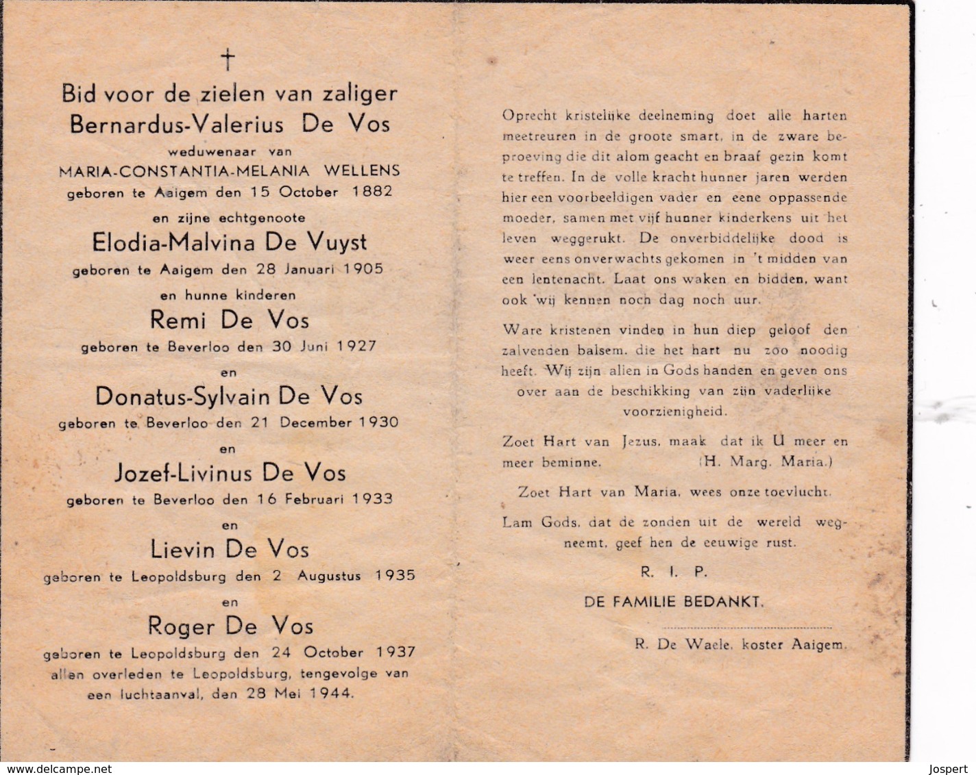 Oorlogsslachtoffer, De Vos, De Vuyst, Leopoldsburg, Beverloo, Wellens, 1944 - Imágenes Religiosas