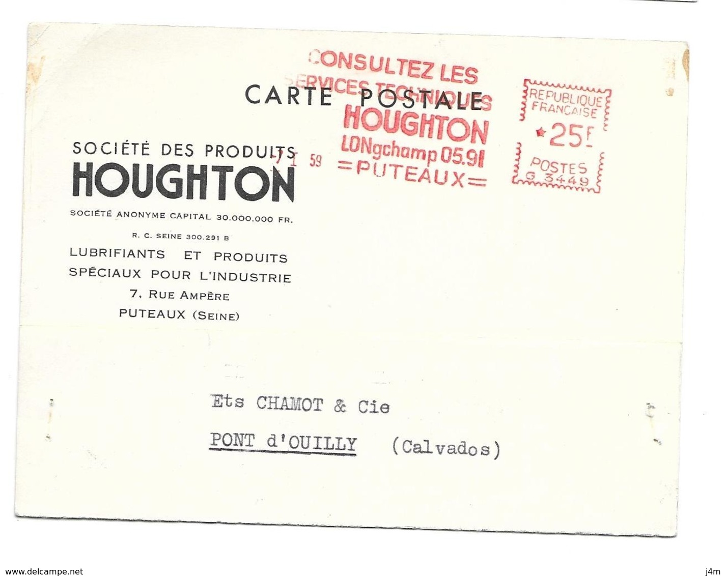 DOCUMENT Commercial CARTE POSTALE 1958..Lubrifiants, Sté HOUGHTON, Rue Ampère à PUTEAUX (92) - 1950 - ...