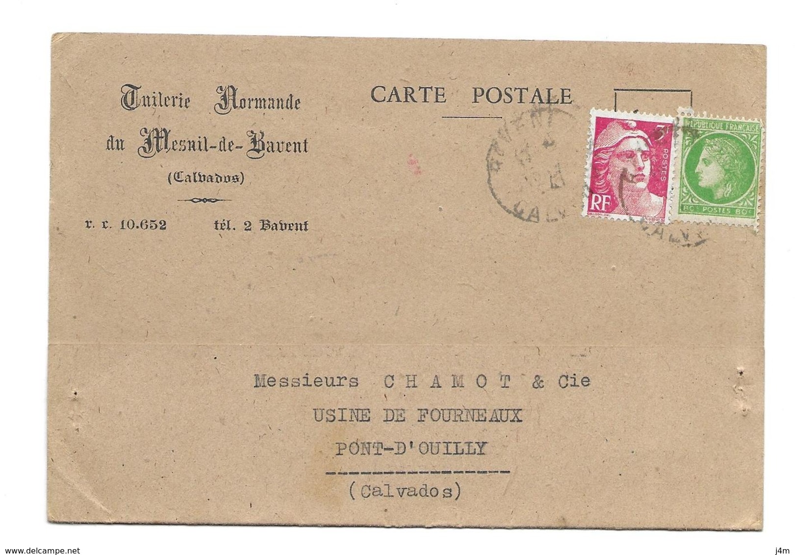 DOCUMENT Commercial CARTE POSTALE 1947..TUILERIE Normande Du MESNIL De BAVENT ( Calvados 14) - 1900 – 1949