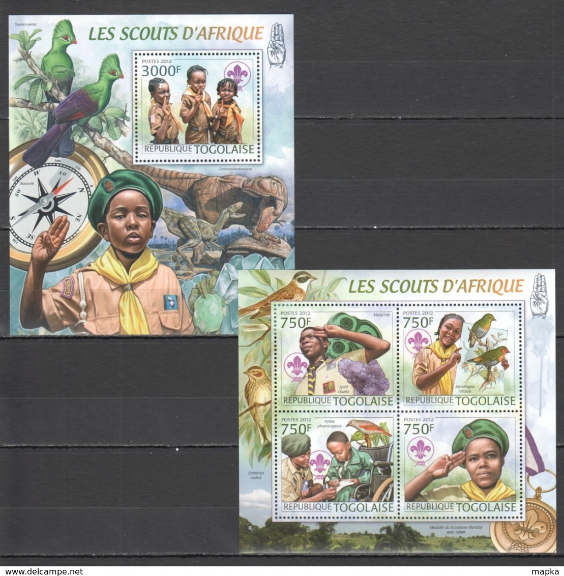 TG832 2012 TOGO TOGOLAISE ORGANIZATIONS SCOUTING BIRDS MINERALS DINOSAURS 1KB+1BL MNH - Andere & Zonder Classificatie