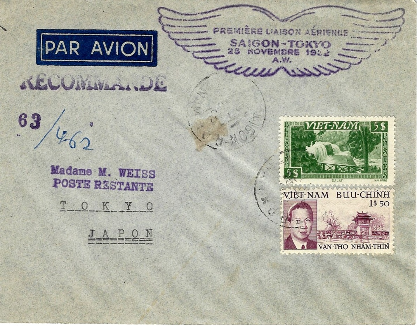 25-11-1952- Enveloppe RECC.  Par Avion -1ère Liaison Aérienne SAÏGON _ TOKYO  -Saulgrain 418 - Vietnam