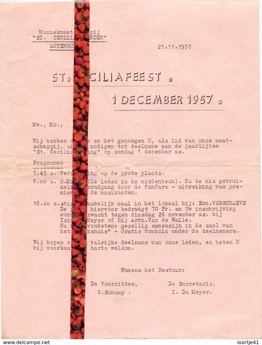 Brief Uitnodiging St Ceciliavrienden Lotenhulle - Programma Viering 1957 - Non Classés