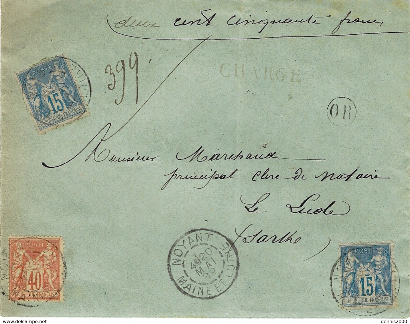 1889- Enveloppe CHARGE V D 250 F.  Affr. Sage Pour 70 C  De NOYANT ( Maine Et Loire ) - 1877-1920: Période Semi Moderne