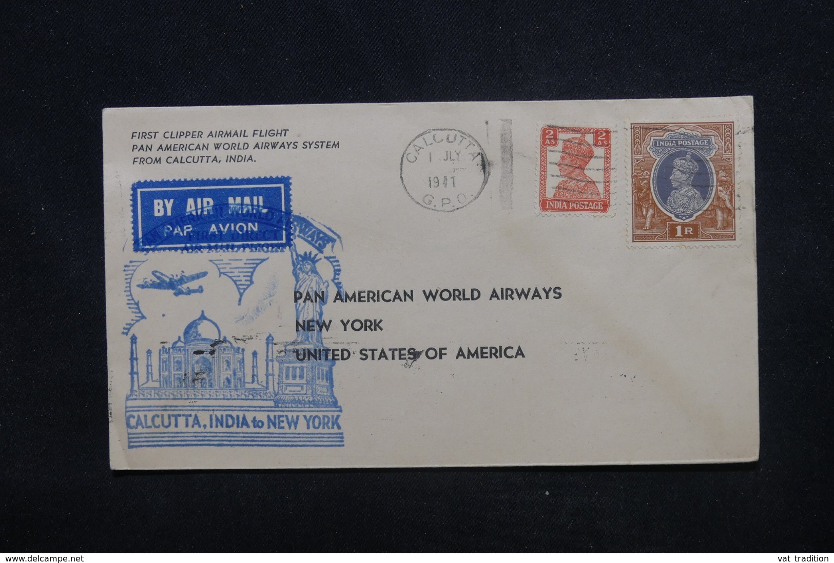 INDE - Enveloppe 1er Vol Calcutta / New York En 1941, Affranchissement Plaisant - L 45359 - 1936-47 Koning George VI