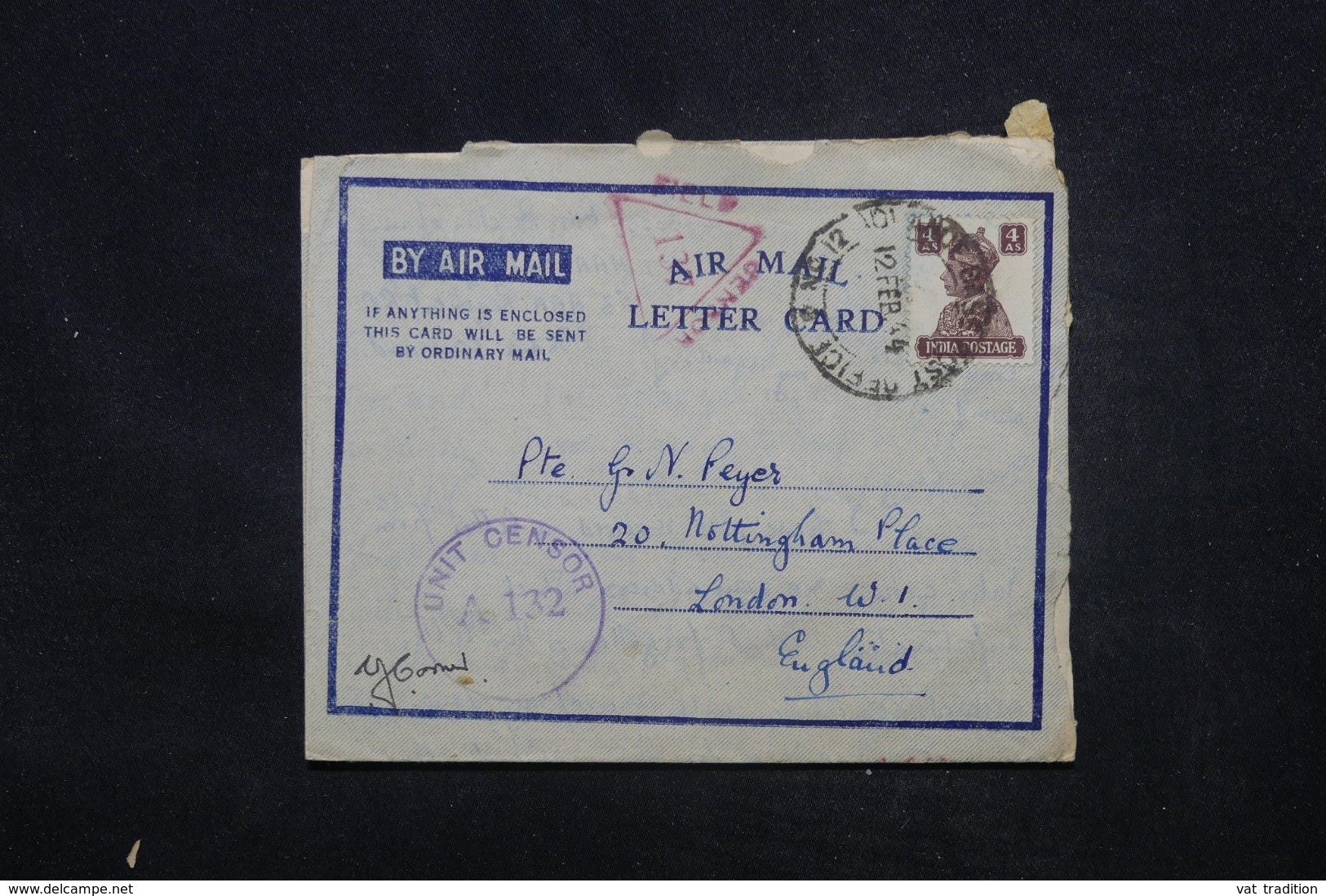 INDE - Aérogramme Pour Londres En 1944 Avec Contrôle Postal - L 45366 - 1936-47 Roi Georges VI