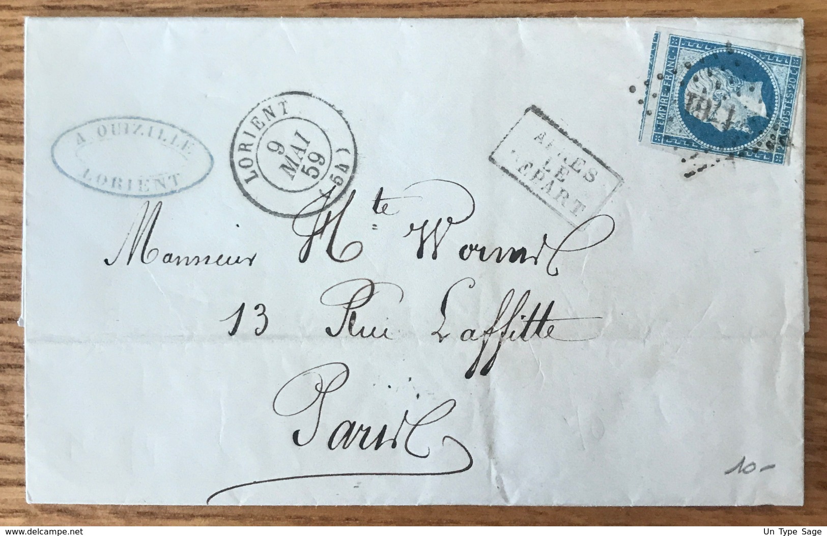 France, N°14 (voisin) Sur Lettre De Lorient, Griffe APRES LE DEPART - (B1436) - 1849-1876: Classic Period